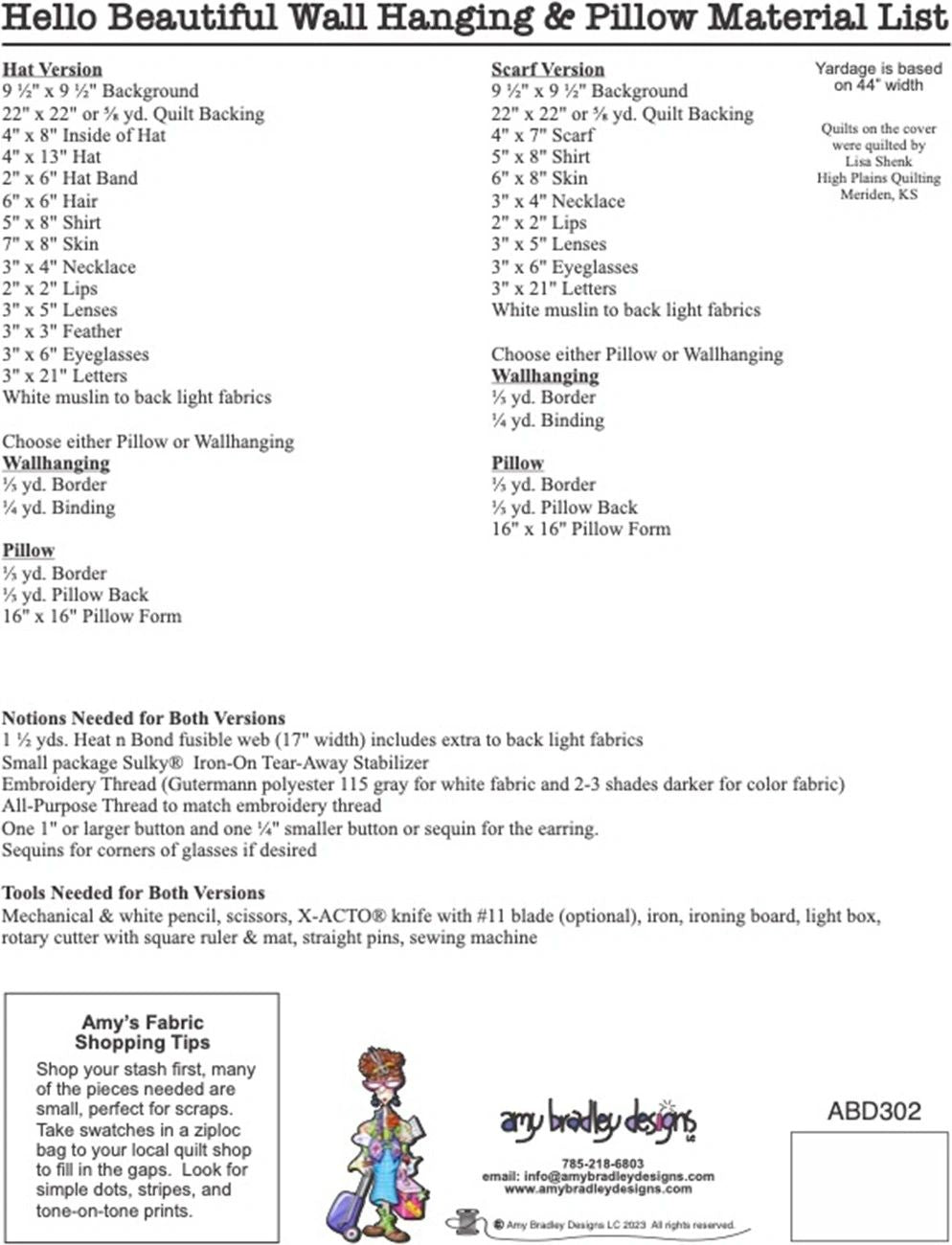 Hello Beautiful Wallhanging & Pillow Pattern # ABD302