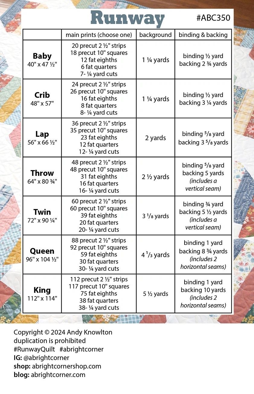 Runway Quilt Pattern # AKBC350 From A Bright Corner By Knowlton, Andy In Quilts