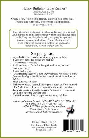 Happy Birthday Table Runner Machine Embroidery # JBDHB