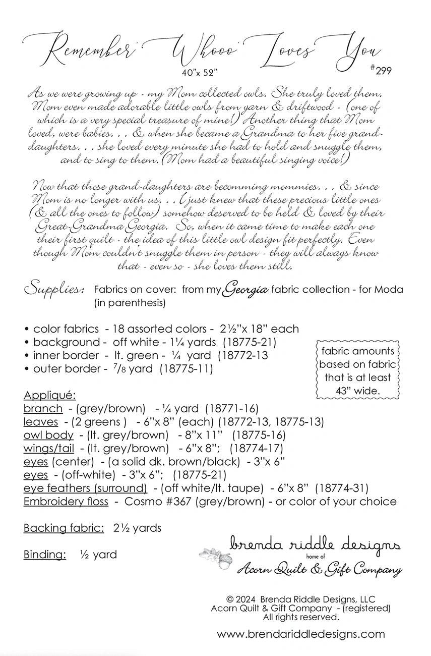 Remember 'Whooo' Loves You # AQG299 From Acorn Quilt & Gift Company In Quilts