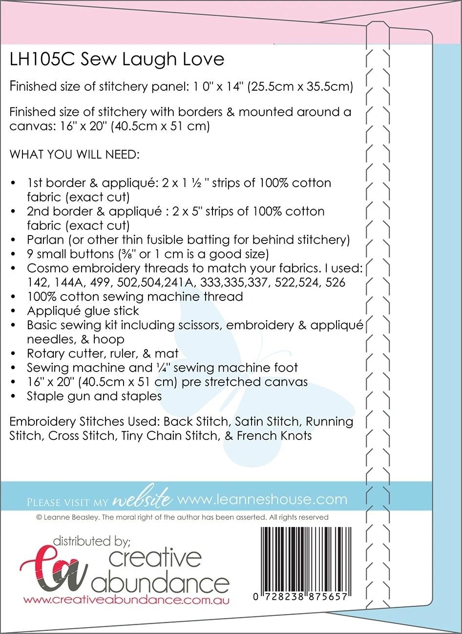 Sew Laugh Love Pre Printed on Cream Linen # CALH105C