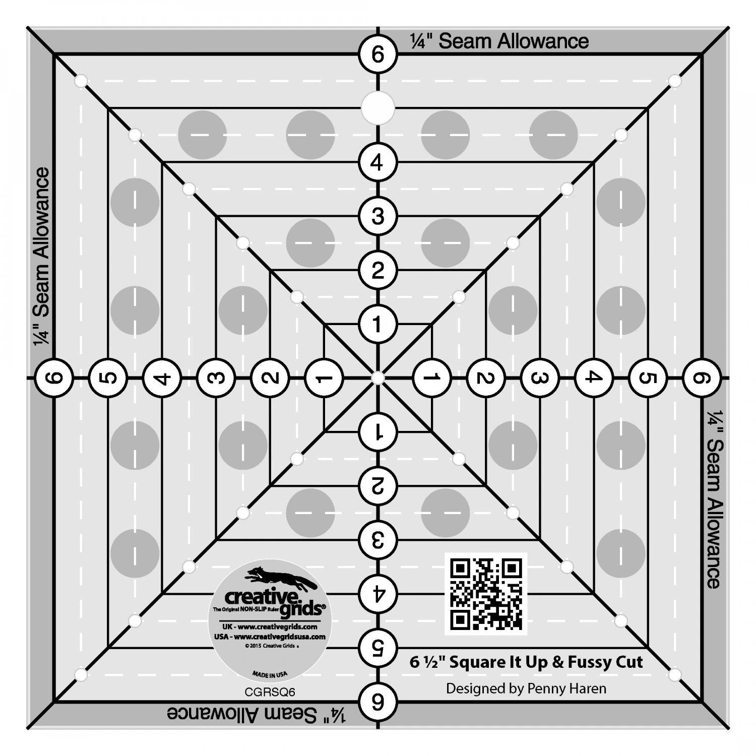 Creative Grids 6-1/2in Square It Up or Fussy Cut Square Quilt Ruler # CGRSQ6