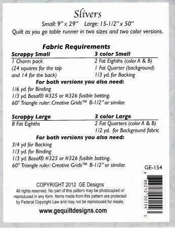 Slivers Quilt As You Go Table Runner # GE154