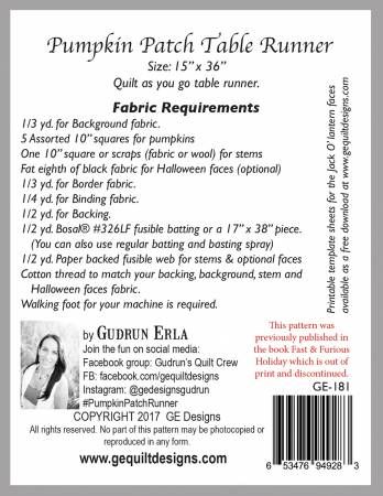 Pumpkin Patch Table Runner Quilt As you Go # GE181