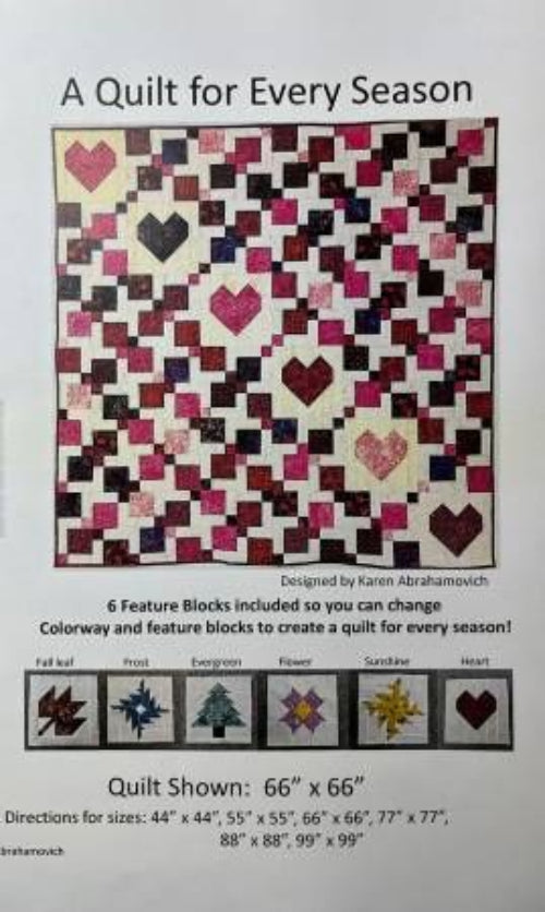 A quilt pattern cover titled 'A Quilt for Every Season' showing a heart-patterned quilt design, with text describing included feature blocks and quilt sizes, plus small sample block previews along the bottom.