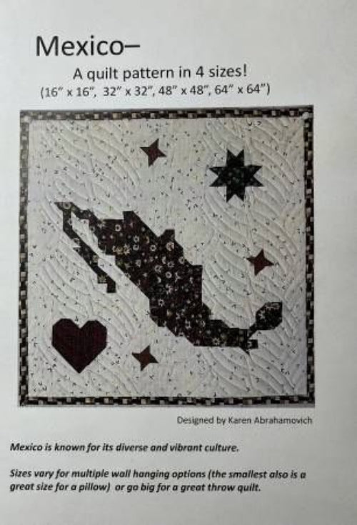 A quilt pattern cover titled "Mexico" showing a stitched quilt design with the silhouette of Mexico, stars, and a heart on a light background. Text above says it is a quilt pattern in 4 sizes.
