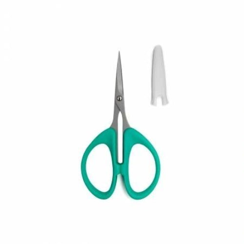 Green-handled scissors with silver metal blades and a small white plastic accessory shown beside them on a plain white background.
