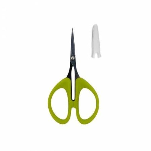 Green-handled scissors with a white cap on a white background